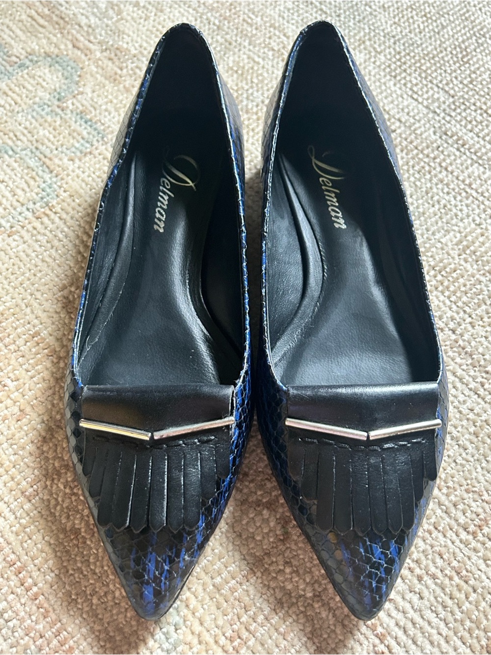 Delman Blue and Black Pointed-Toe Leather Flats with Fringe